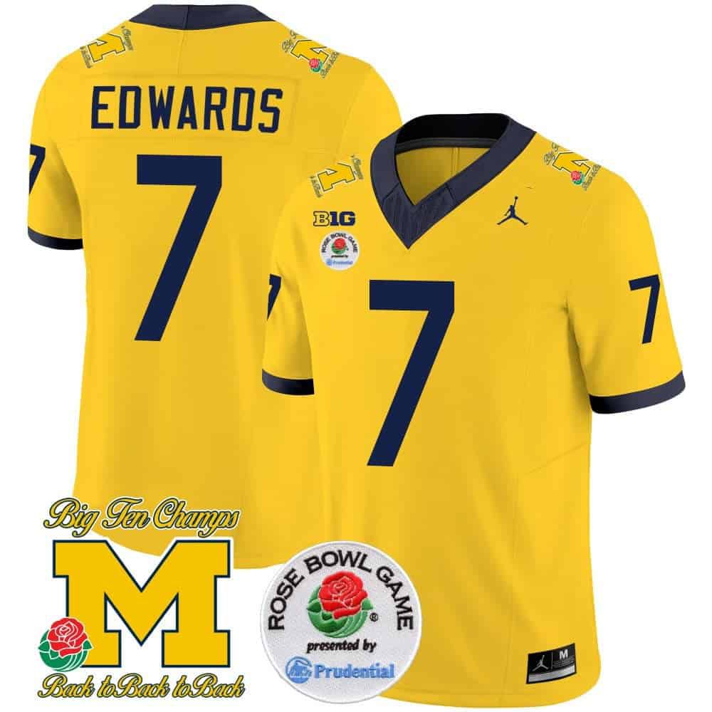Men Michigan Wolverines #7 Edwards Yellow 2024 Rose Bowl Patch Vapor Limited NCAA Jersey